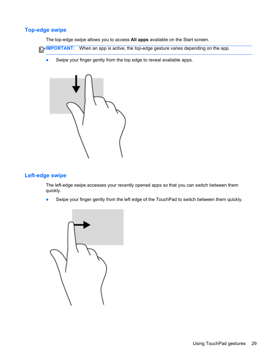 Top-edge swipe, Left-edge swipe, Top-edge swipe left-edge swipe | HP Pavilion TouchSmart 14-f040ca Sleekbook User Manual | Page 39 / 80