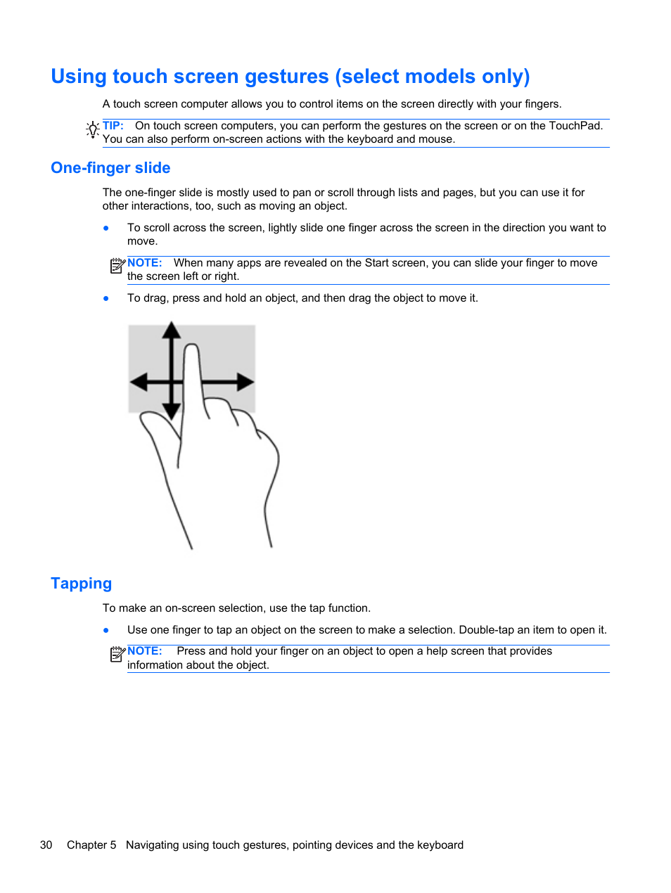 Using touch screen gestures (select models only), One-finger slide, Tapping | One-finger slide tapping, Using touch screen gestures | HP Pavilion TouchSmart 14-f040ca Sleekbook User Manual | Page 40 / 80