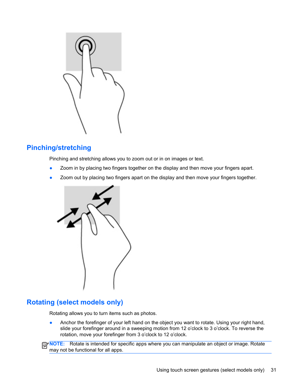 Pinching/stretching, Rotating (select models only), Pinching/stretching rotating (select models only) | HP Pavilion TouchSmart 14-f040ca Sleekbook User Manual | Page 41 / 80