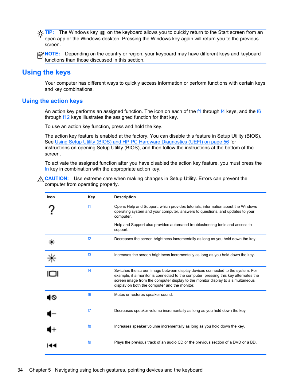 Using the keys, Using the action keys | HP Pavilion TouchSmart 14-f040ca Sleekbook User Manual | Page 44 / 80