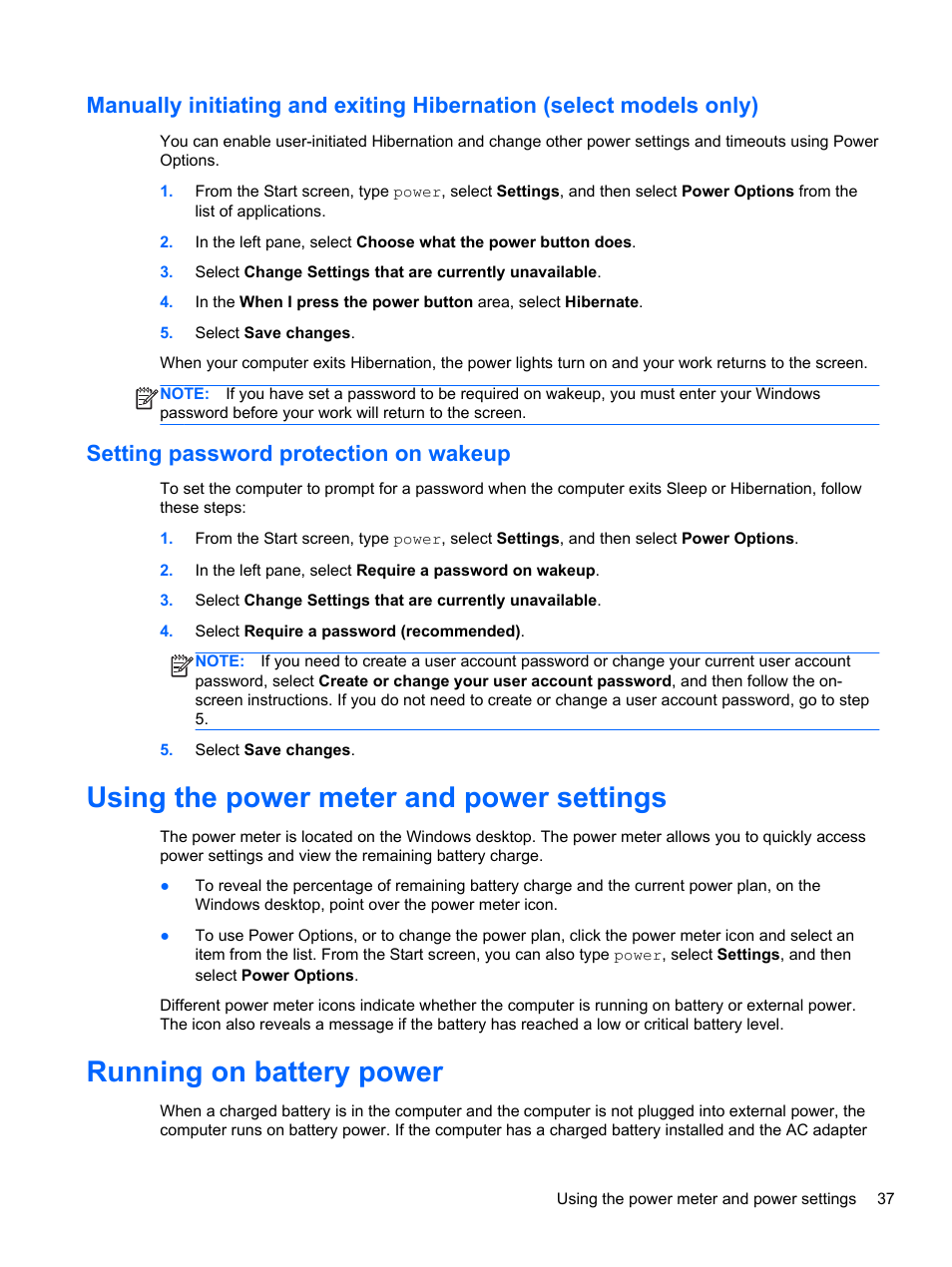 Setting password protection on wakeup, Using the power meter and power settings, Running on battery power | HP Pavilion TouchSmart 14-f040ca Sleekbook User Manual | Page 47 / 80