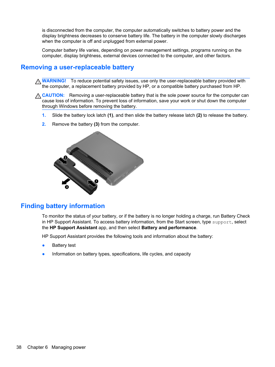 Removing a user-replaceable battery, Finding battery information | HP Pavilion TouchSmart 14-f040ca Sleekbook User Manual | Page 48 / 80