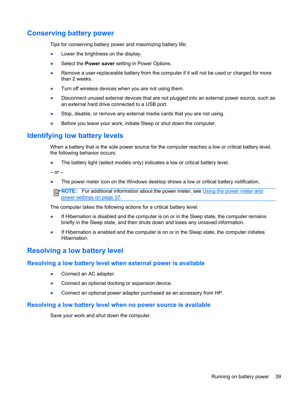 Conserving battery power, Identifying low battery levels, Resolving a low battery level | HP Pavilion TouchSmart 14-f040ca Sleekbook User Manual | Page 49 / 80