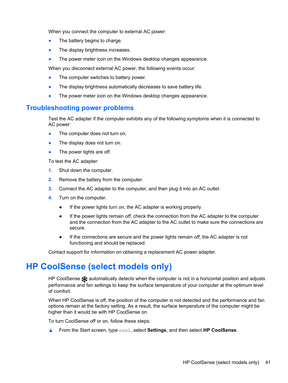 Troubleshooting power problems, Hp coolsense (select models only) | HP Pavilion TouchSmart 14-f040ca Sleekbook User Manual | Page 51 / 80
