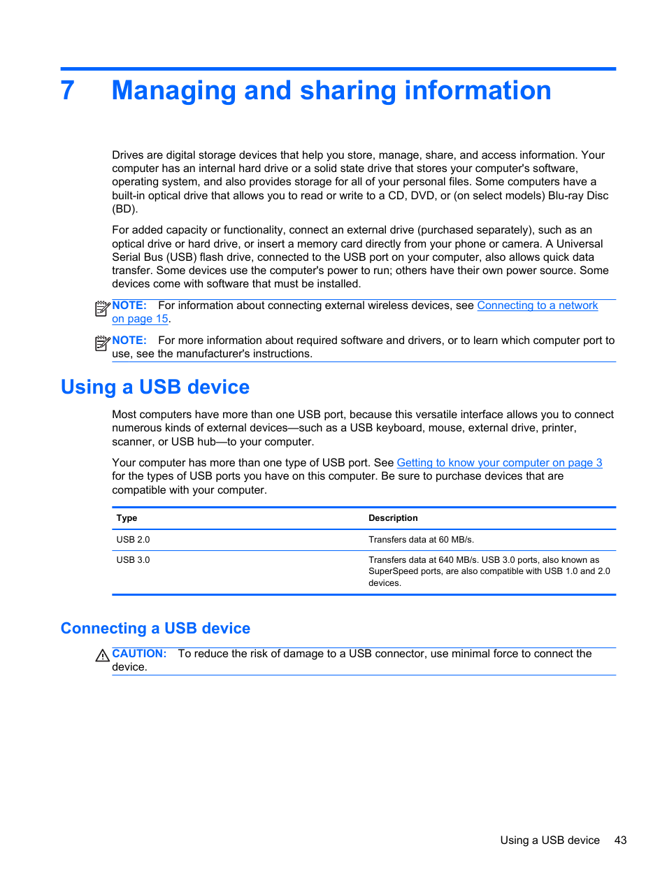 Managing and sharing information, Using a usb device, Connecting a usb device | 7 managing and sharing information, 7managing and sharing information | HP Pavilion TouchSmart 14-f040ca Sleekbook User Manual | Page 53 / 80