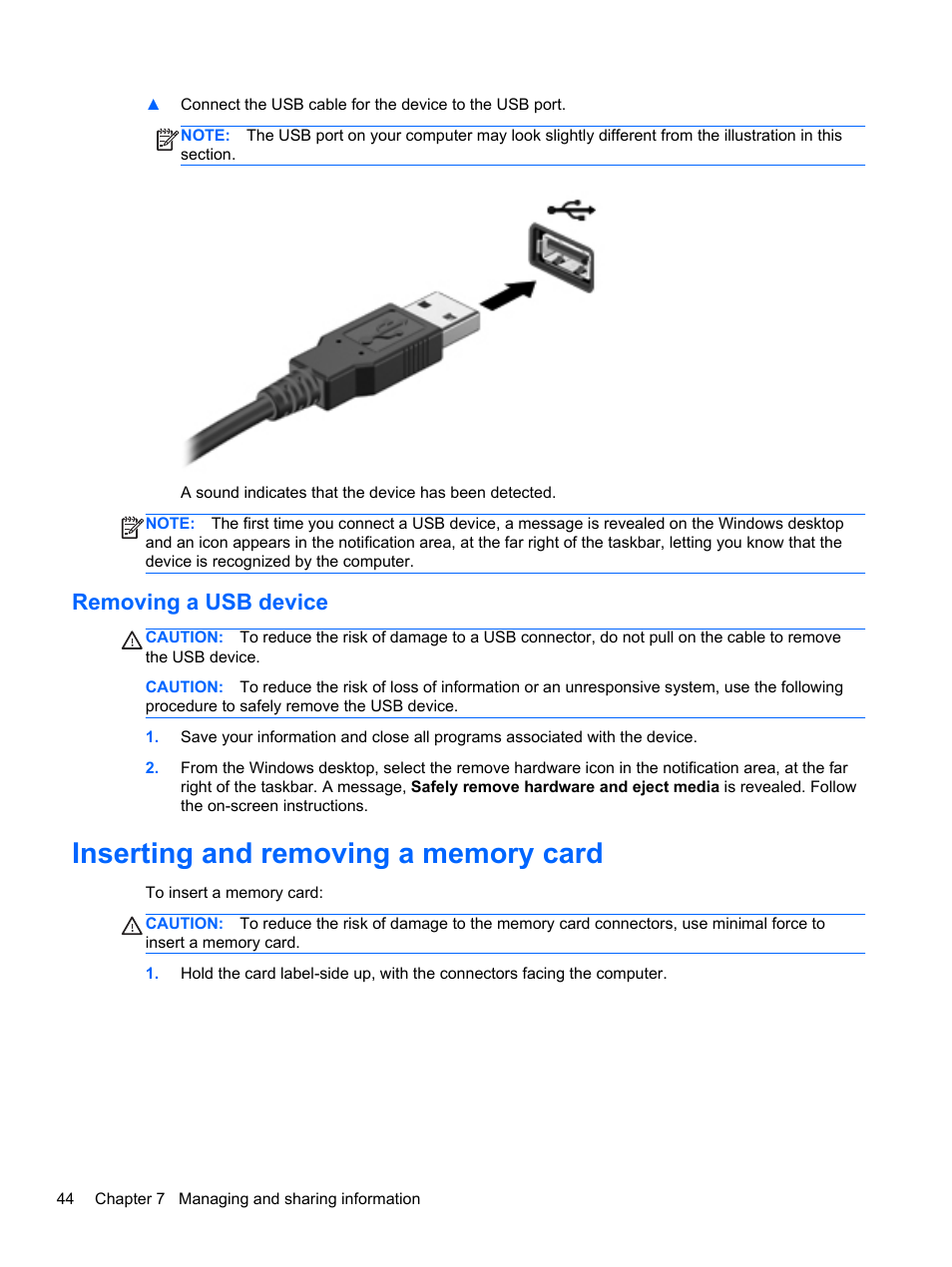 Removing a usb device, Inserting and removing a memory card | HP Pavilion TouchSmart 14-f040ca Sleekbook User Manual | Page 54 / 80