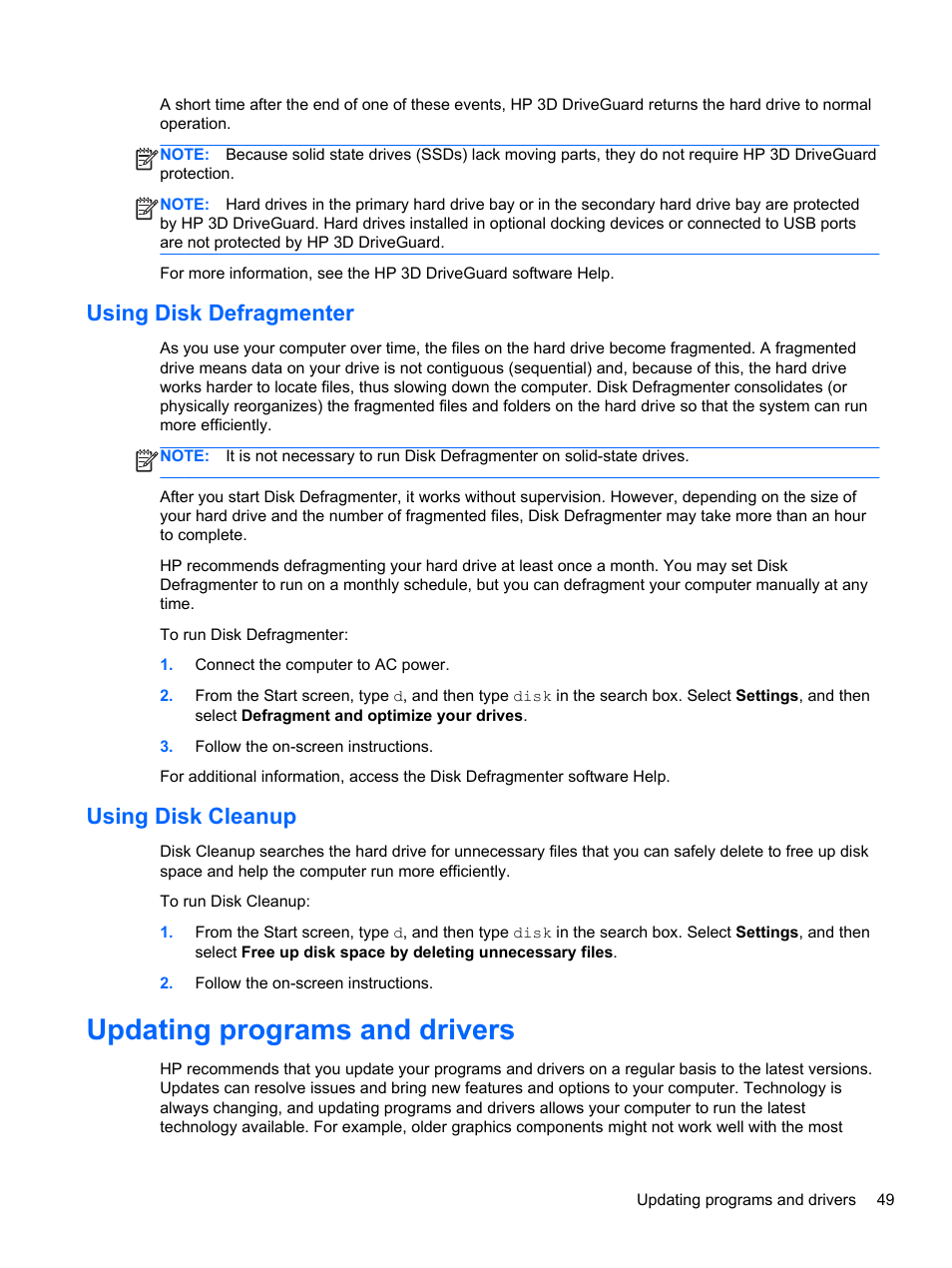 Using disk defragmenter, Using disk cleanup, Updating programs and drivers | Using disk defragmenter using disk cleanup | HP Pavilion TouchSmart 14-f040ca Sleekbook User Manual | Page 59 / 80