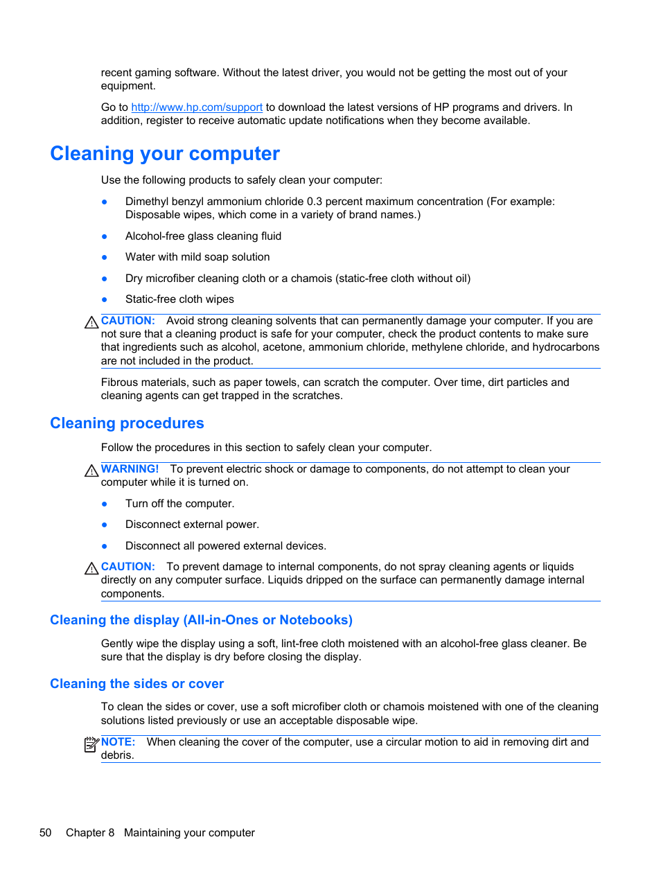 Cleaning your computer, Cleaning procedures, Cleaning the display (all-in-ones or notebooks) | Cleaning the sides or cover | HP Pavilion TouchSmart 14-f040ca Sleekbook User Manual | Page 60 / 80