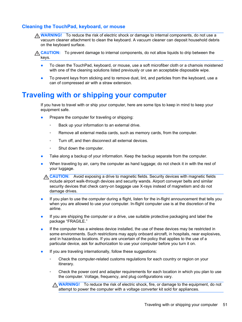 Cleaning the touchpad, keyboard, or mouse, Traveling with or shipping your computer | HP Pavilion TouchSmart 14-f040ca Sleekbook User Manual | Page 61 / 80