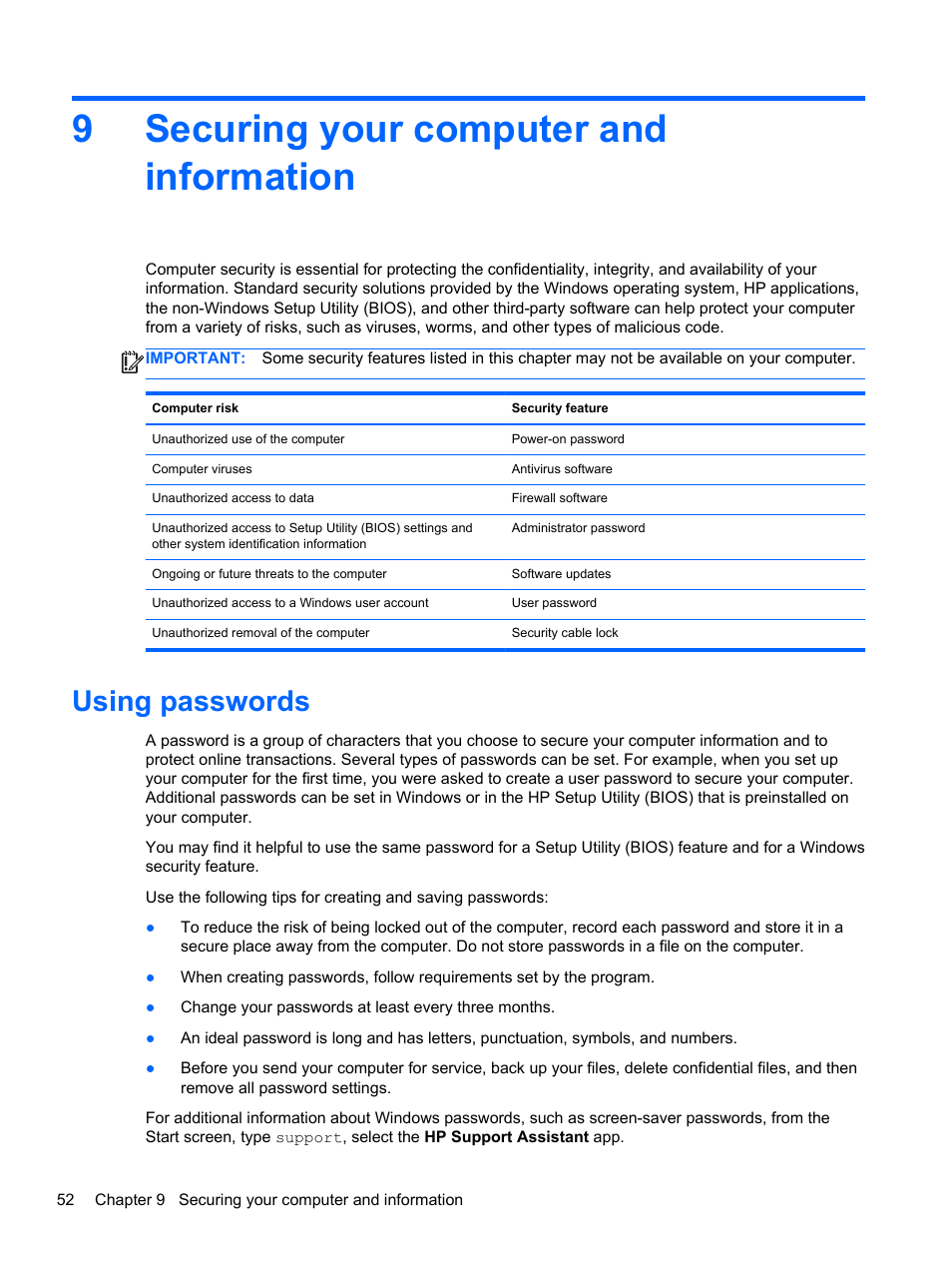 Securing your computer and information, Using passwords, 9 securing your computer and information | 9securing your computer and information | HP Pavilion TouchSmart 14-f040ca Sleekbook User Manual | Page 62 / 80