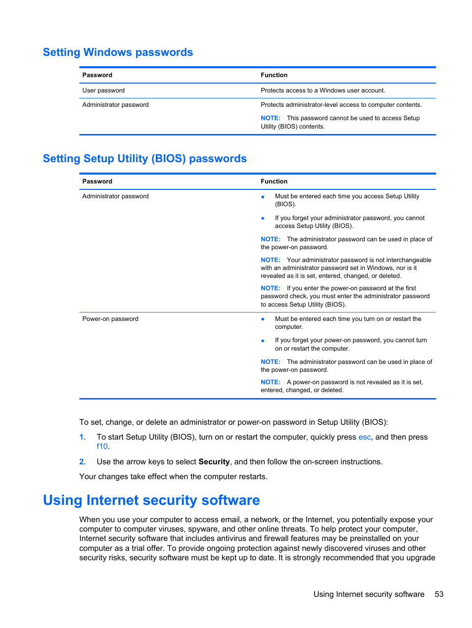 Setting windows passwords, Setting setup utility (bios) passwords, Using internet security software | HP Pavilion TouchSmart 14-f040ca Sleekbook User Manual | Page 63 / 80