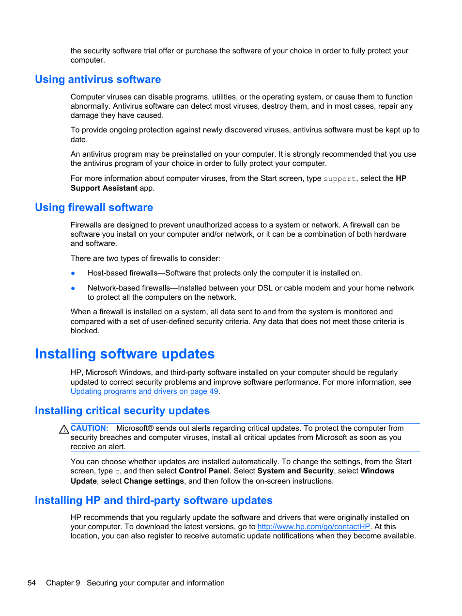 Using antivirus software, Using firewall software, Installing software updates | Installing critical security updates, Installing hp and third-party software updates, Using antivirus software using firewall software | HP Pavilion TouchSmart 14-f040ca Sleekbook User Manual | Page 64 / 80