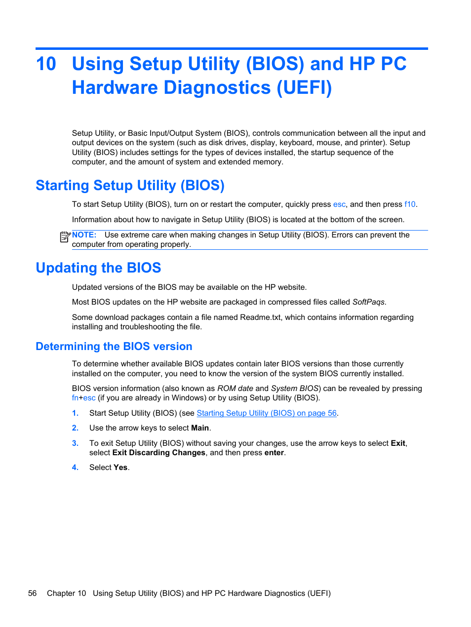 Starting setup utility (bios), Updating the bios, Determining the bios version | Starting setup utility (bios) updating the bios | HP Pavilion TouchSmart 14-f040ca Sleekbook User Manual | Page 66 / 80
