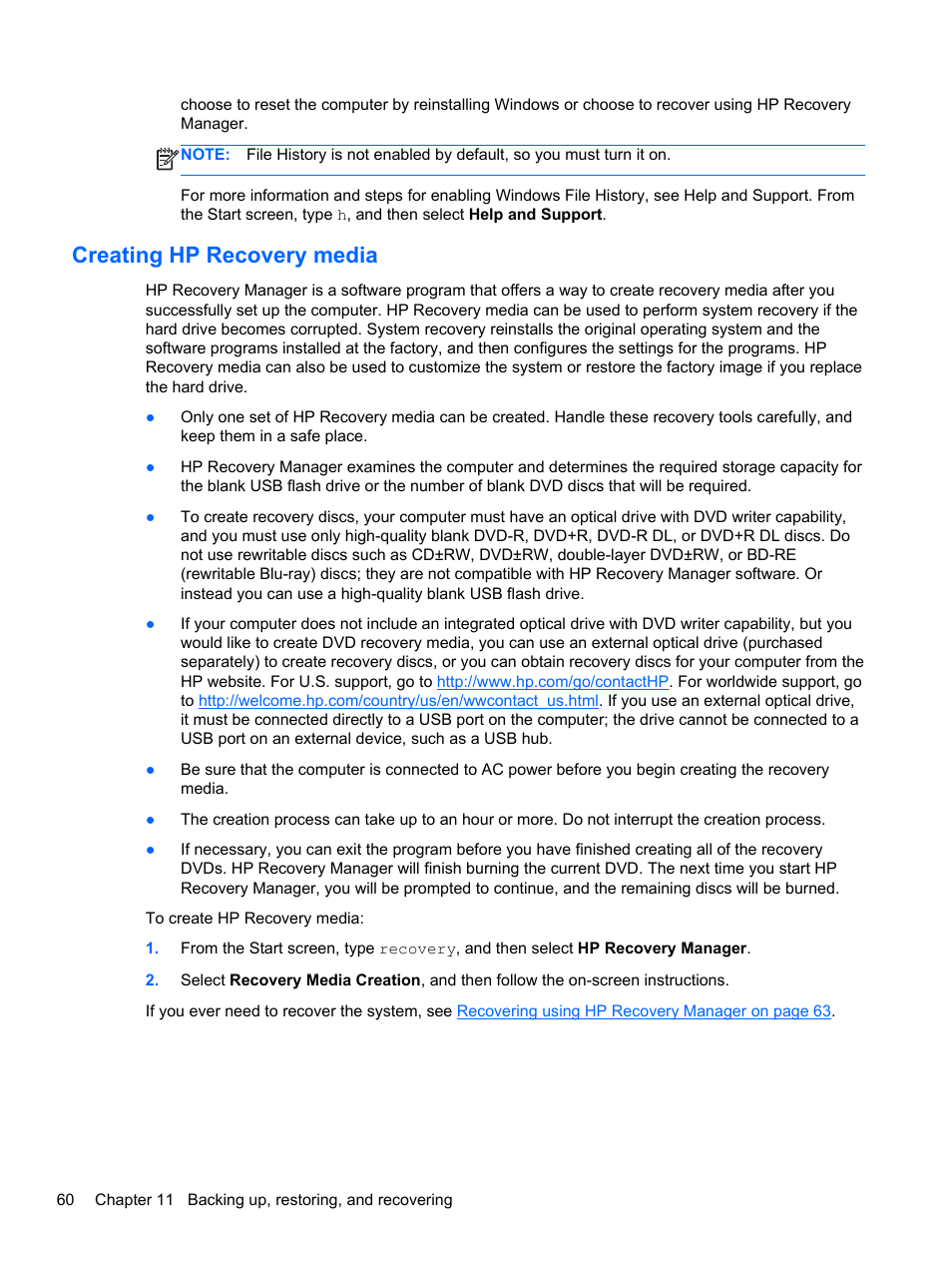 Creating hp recovery media | HP Pavilion TouchSmart 14-f040ca Sleekbook User Manual | Page 70 / 80