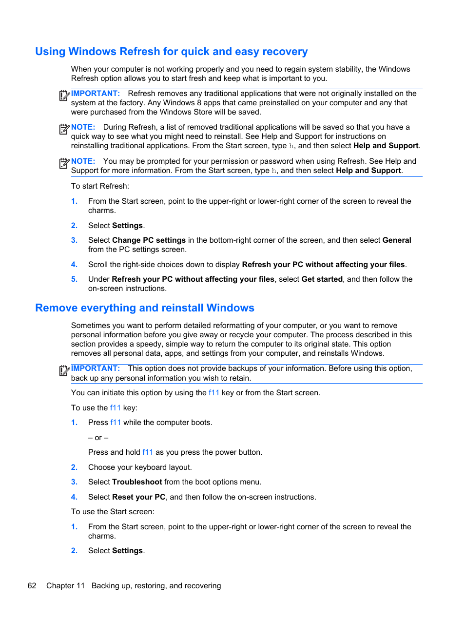 Using windows refresh for quick and easy recovery, Remove everything and reinstall windows | HP Pavilion TouchSmart 14-f040ca Sleekbook User Manual | Page 72 / 80