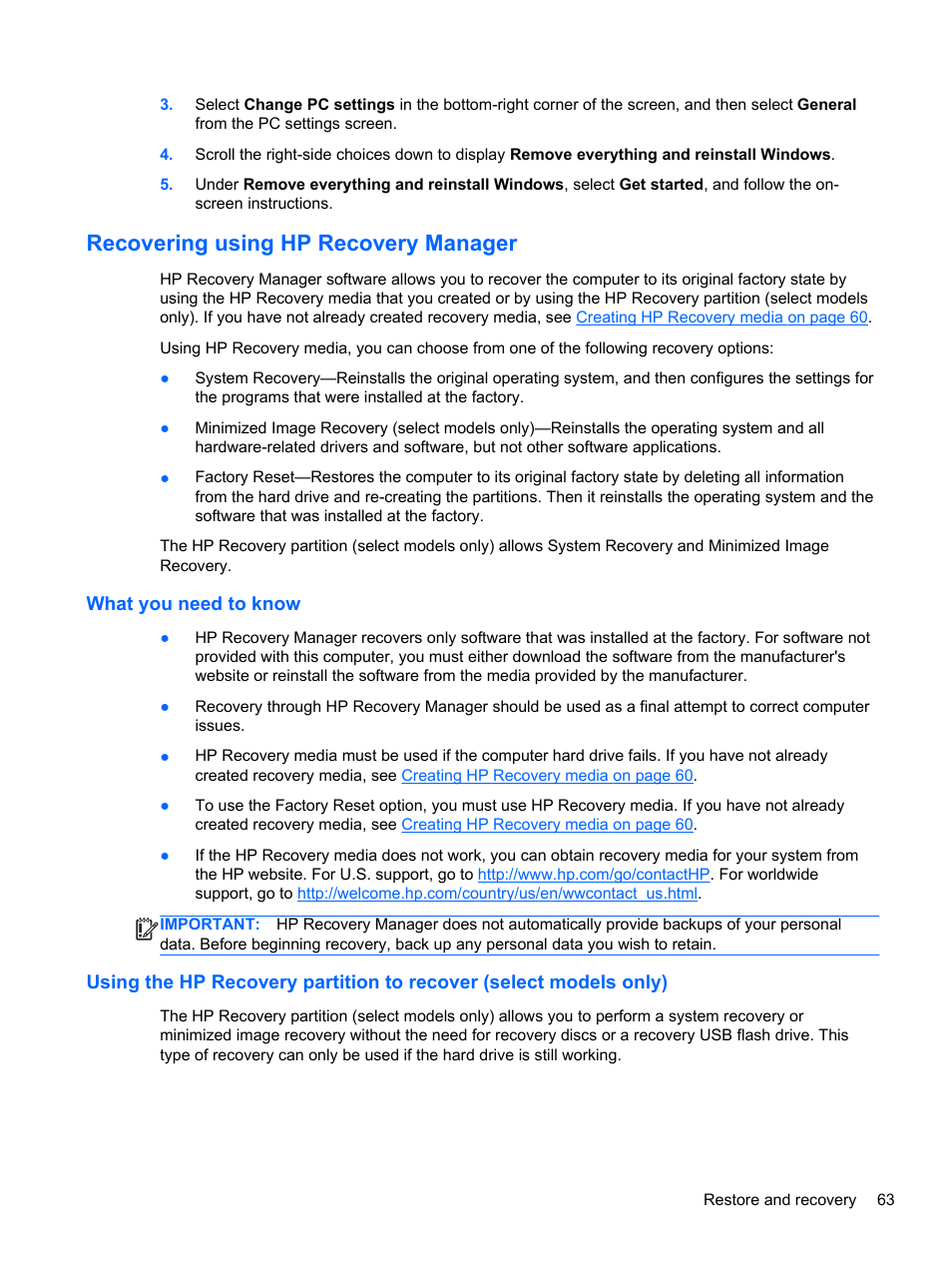 Recovering using hp recovery manager, What you need to know, Recovering using hp recovery | HP Pavilion TouchSmart 14-f040ca Sleekbook User Manual | Page 73 / 80