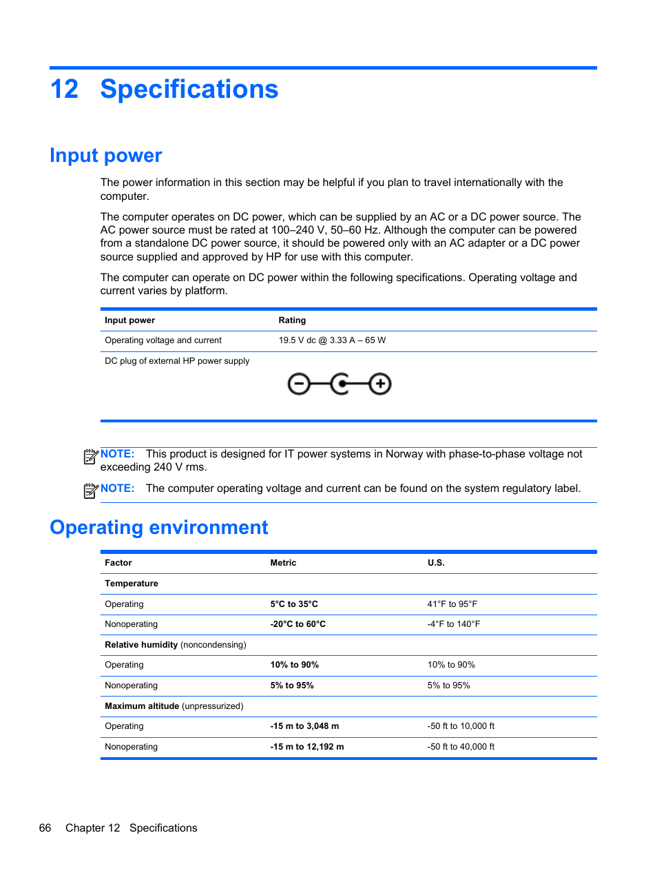 Specifications, Input power, Operating environment | 12 specifications, Input power operating environment | HP Pavilion TouchSmart 14-f040ca Sleekbook User Manual | Page 76 / 80