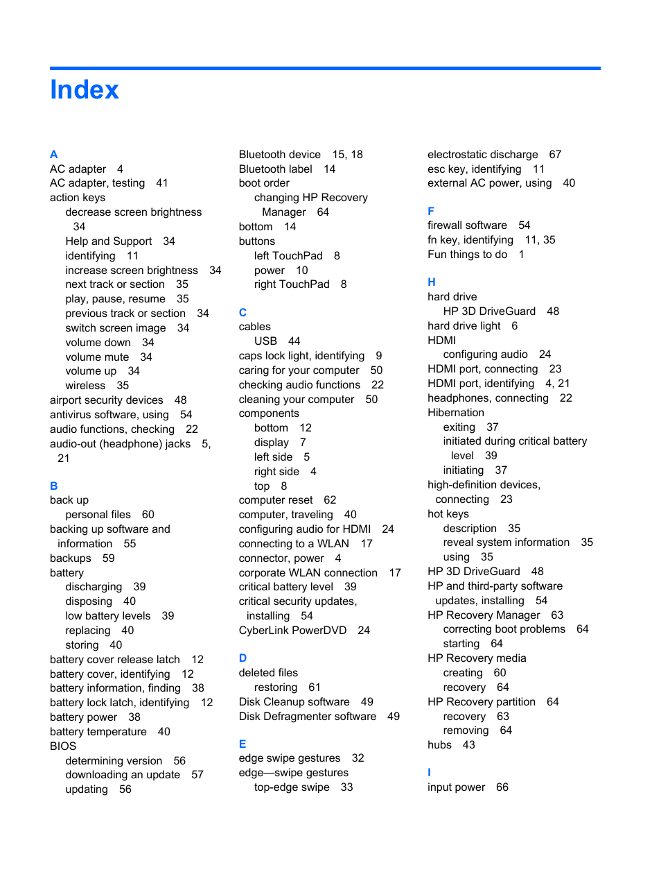 Index | HP Pavilion TouchSmart 14-f040ca Sleekbook User Manual | Page 78 / 80