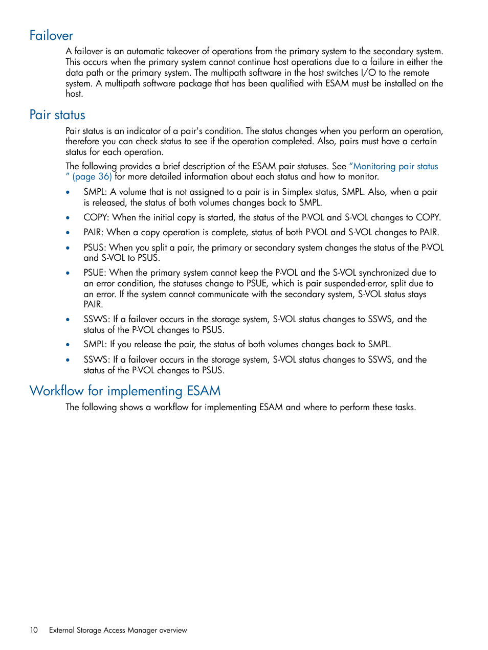 Failover, Pair status, Workflow for implementing esam | HP XP P9500 Storage User Manual | Page 10 / 81