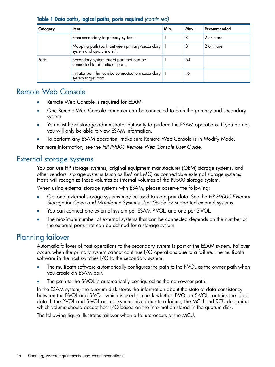 Remote web console, External storage systems, Planning failover | HP XP P9500 Storage User Manual | Page 16 / 81