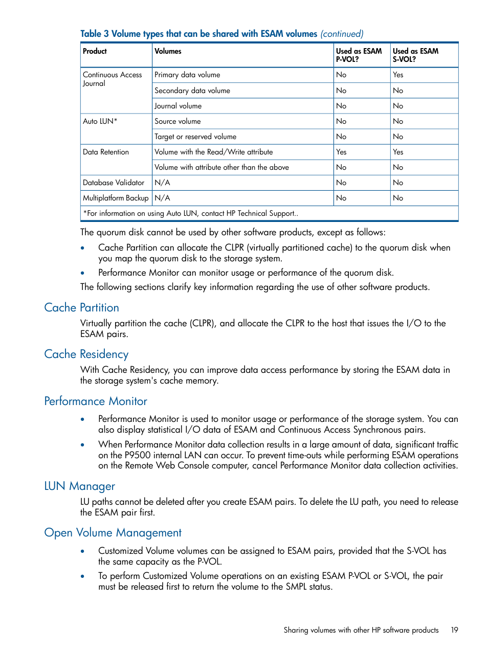 Cache partition, Cache residency, Performance monitor | Lun manager, Open volume management | HP XP P9500 Storage User Manual | Page 19 / 81