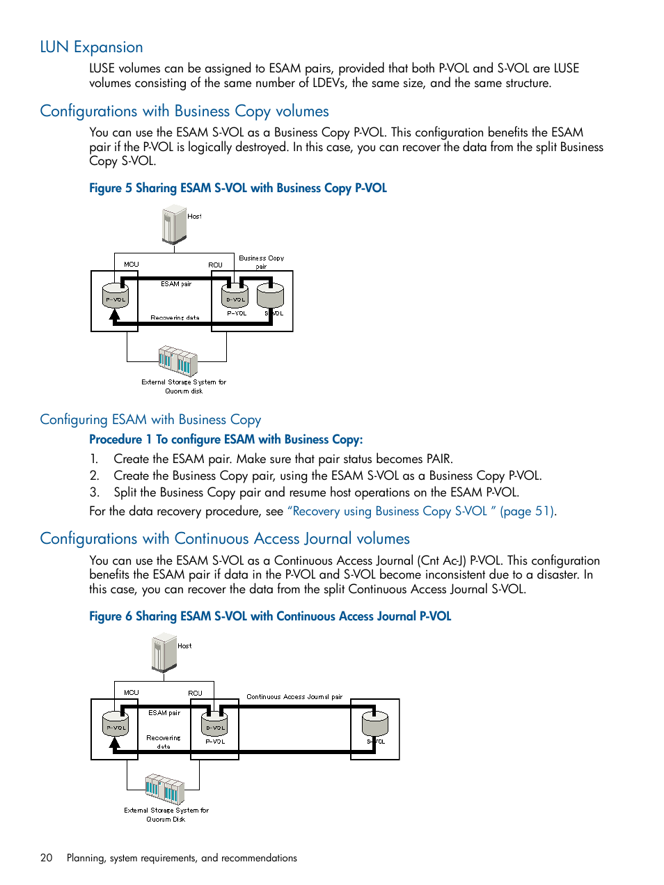 Lun expansion, Configurations with business copy volumes, Configuring esam with business copy | HP XP P9500 Storage User Manual | Page 20 / 81