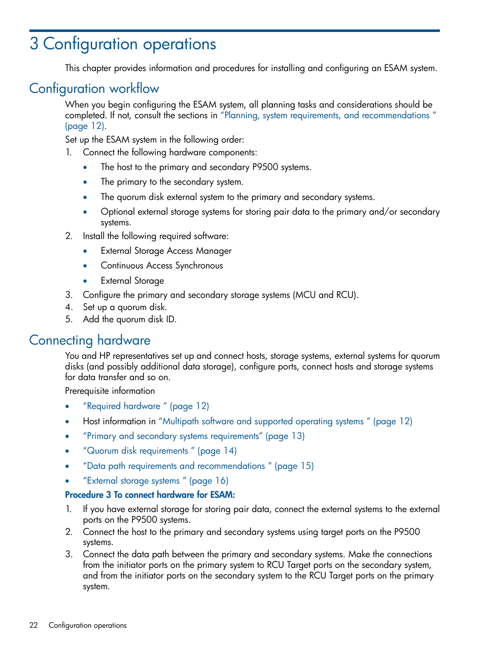 3 configuration operations, Configuration workflow, Connecting hardware | Configuration workflow connecting hardware | HP XP P9500 Storage User Manual | Page 22 / 81