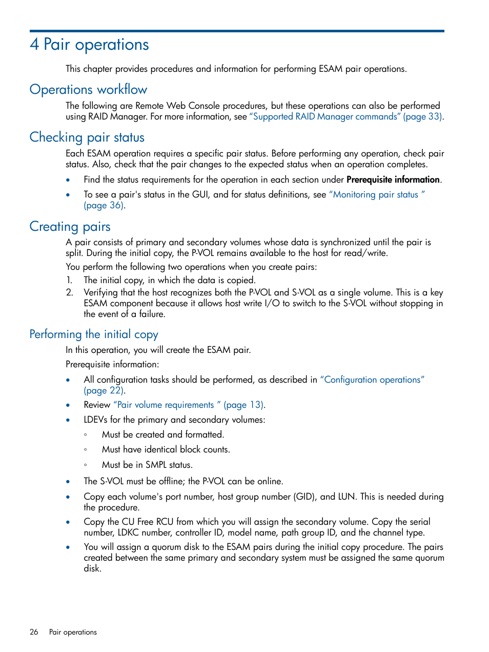 4 pair operations, Operations workflow, Checking pair status | Creating pairs, Performing the initial copy, Checking pair status creating pairs | HP XP P9500 Storage User Manual | Page 26 / 81