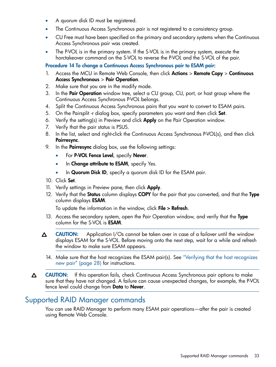 Supported raid manager commands | HP XP P9500 Storage User Manual | Page 33 / 81