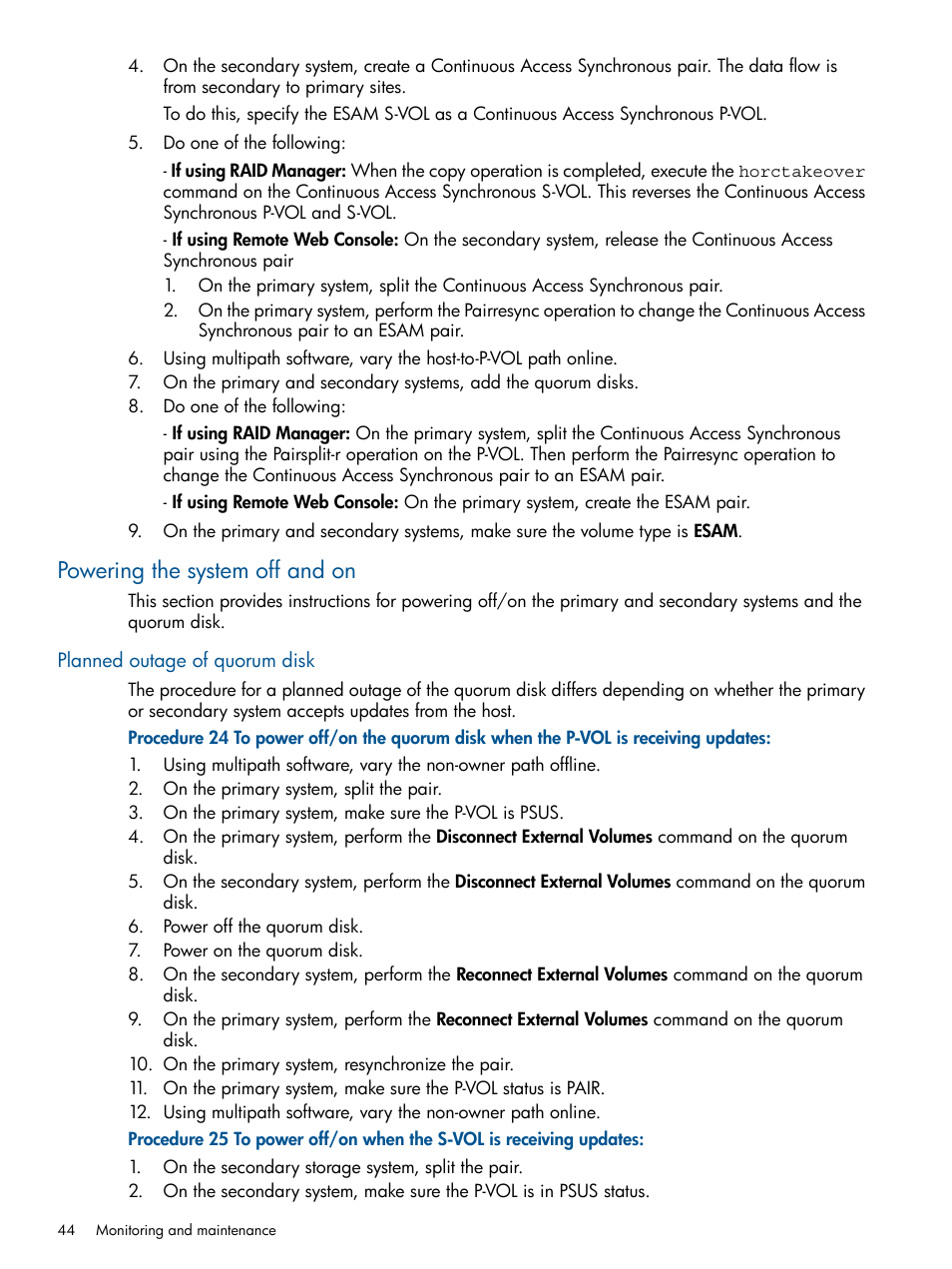 Powering the system off and on, Planned outage of quorum disk | HP XP P9500 Storage User Manual | Page 44 / 81