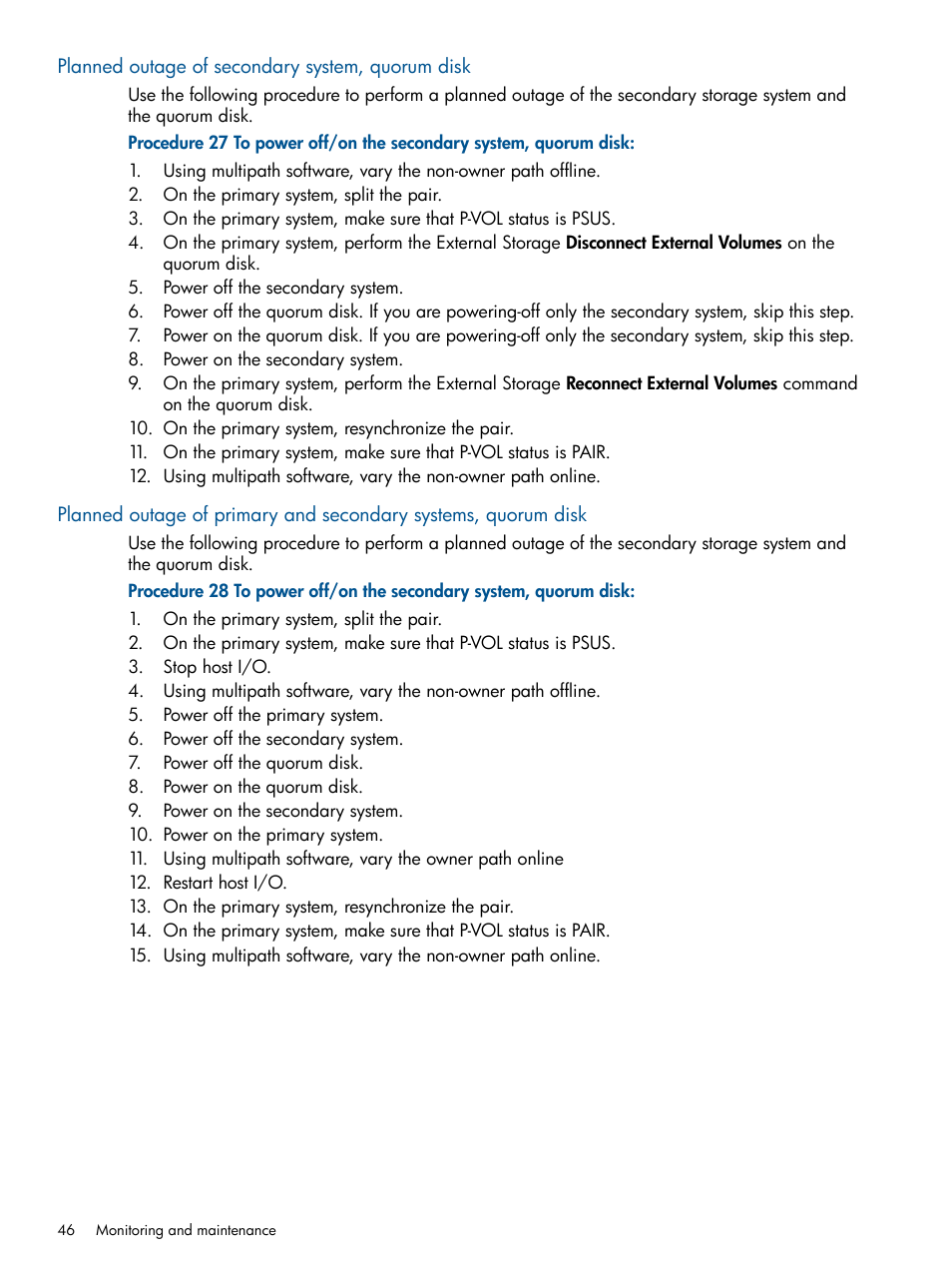 Planned outage of secondary system, quorum disk | HP XP P9500 Storage User Manual | Page 46 / 81