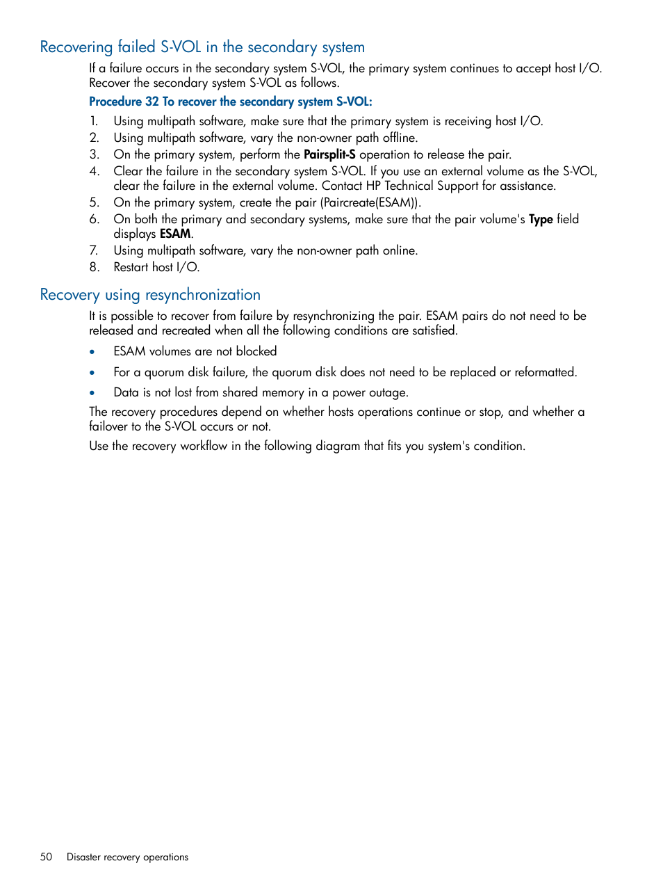Recovering failed s-vol in the secondary system, Recovery using resynchronization | HP XP P9500 Storage User Manual | Page 50 / 81