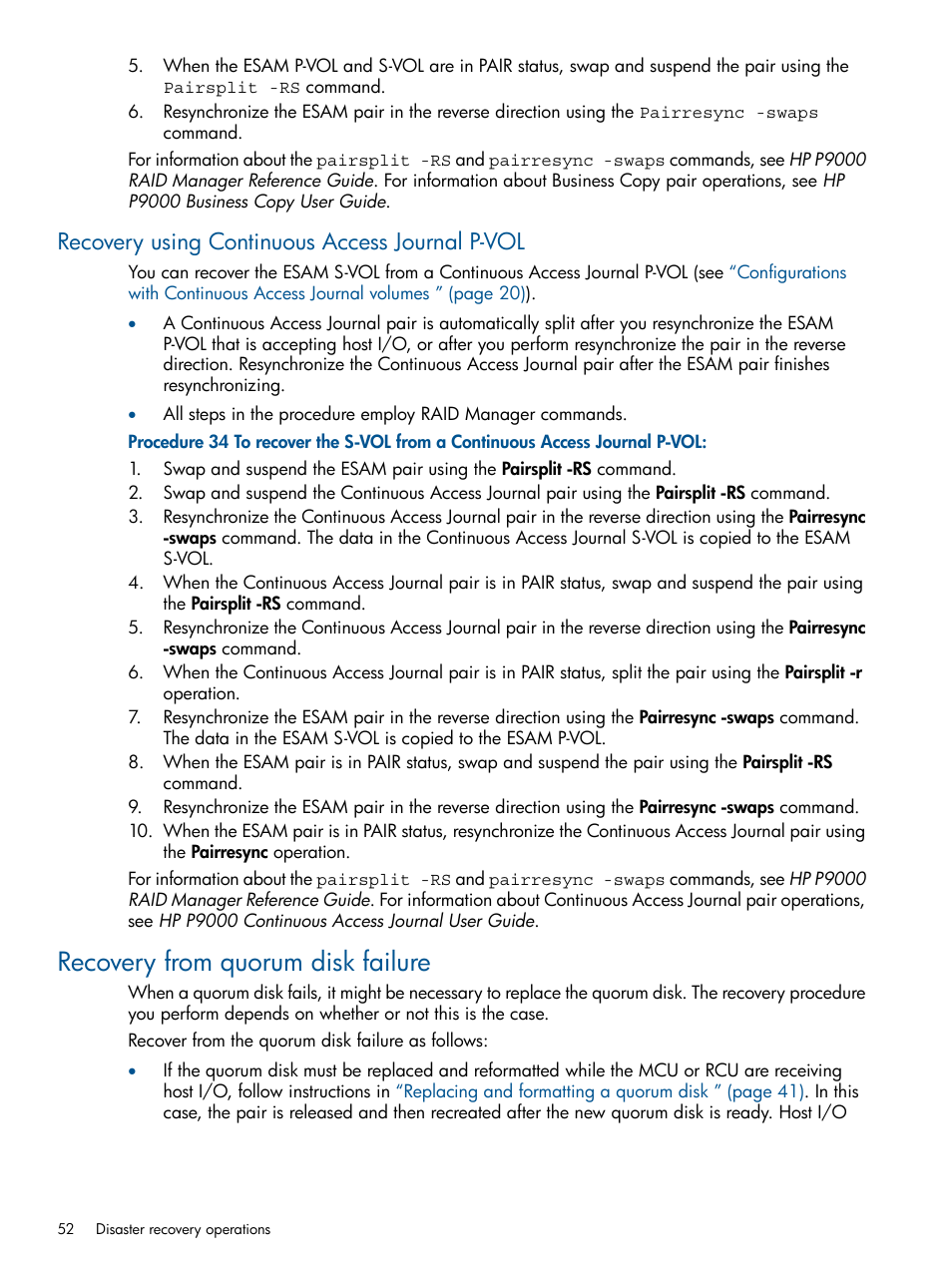 Recovery using continuous access journal p-vol, Recovery from quorum disk failure | HP XP P9500 Storage User Manual | Page 52 / 81