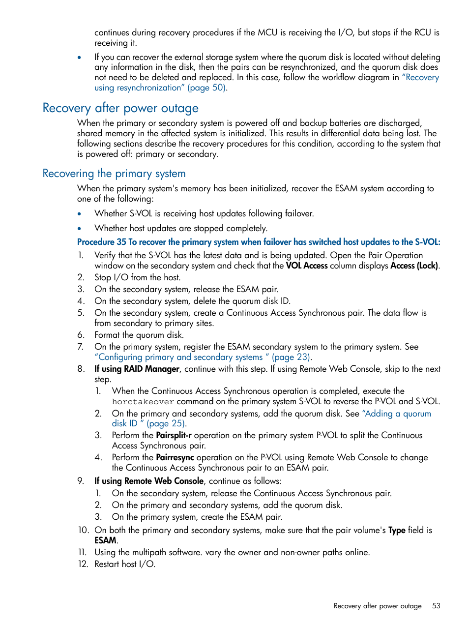 Recovery after power outage, Recovering the primary system | HP XP P9500 Storage User Manual | Page 53 / 81