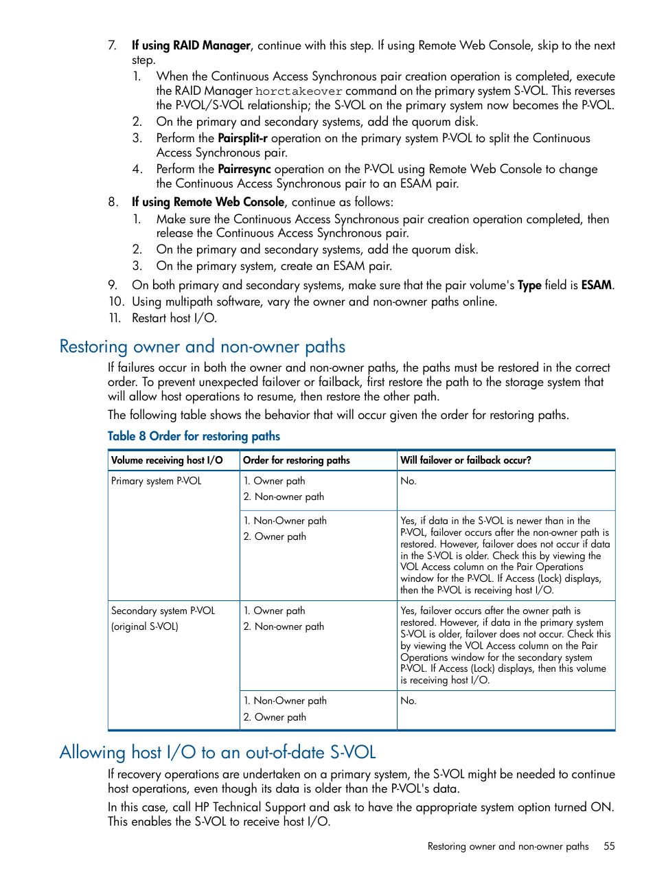 Restoring owner and non-owner paths, Allowing host i/o to an out-of-date s-vol | HP XP P9500 Storage User Manual | Page 55 / 81