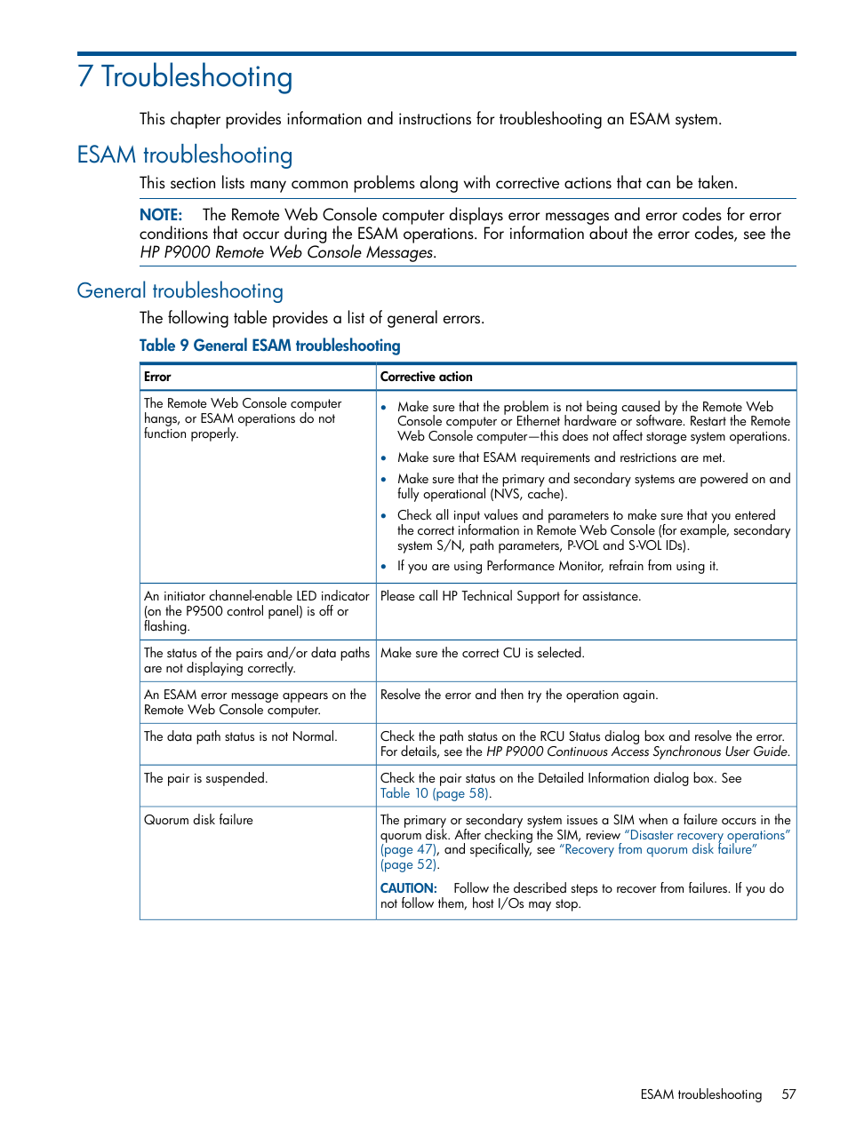 7 troubleshooting, Esam troubleshooting, General troubleshooting | HP XP P9500 Storage User Manual | Page 57 / 81