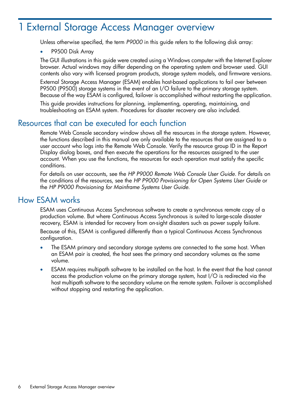 1 external storage access manager overview, Resources that can be executed for each function, How esam works | HP XP P9500 Storage User Manual | Page 6 / 81