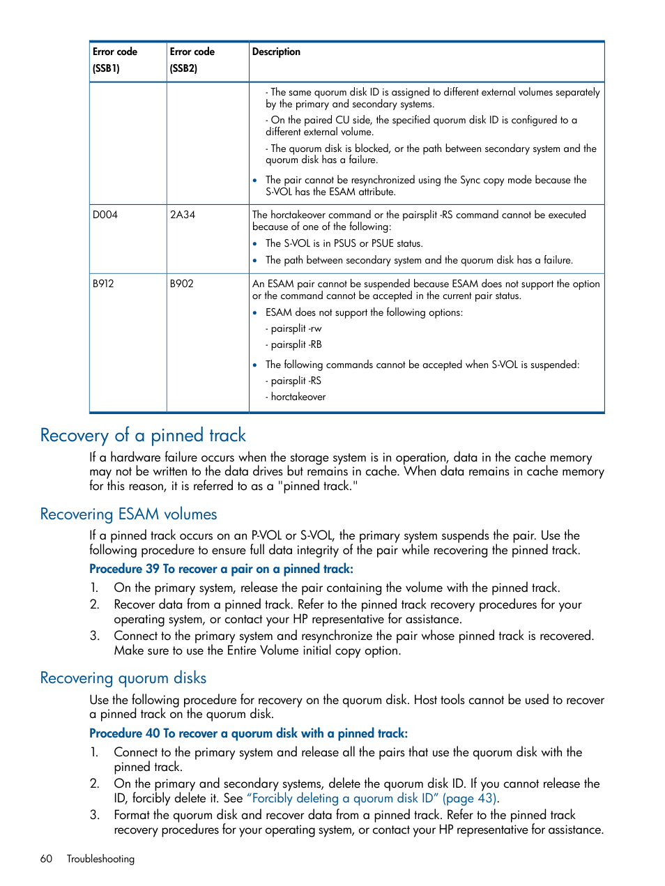 Recovery of a pinned track, Recovering esam volumes, Recovering quorum disks | HP XP P9500 Storage User Manual | Page 60 / 81