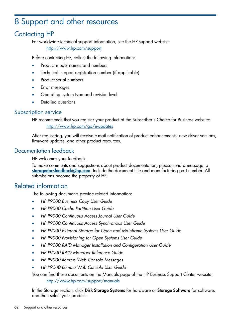 8 support and other resources, Contacting hp, Subscription service | Documentation feedback, Related information, Subscription service documentation feedback | HP XP P9500 Storage User Manual | Page 62 / 81