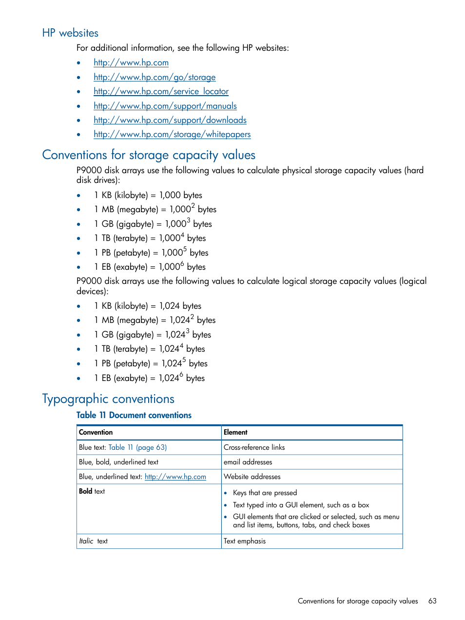 Hp websites, Conventions for storage capacity values, Typographic conventions | HP XP P9500 Storage User Manual | Page 63 / 81