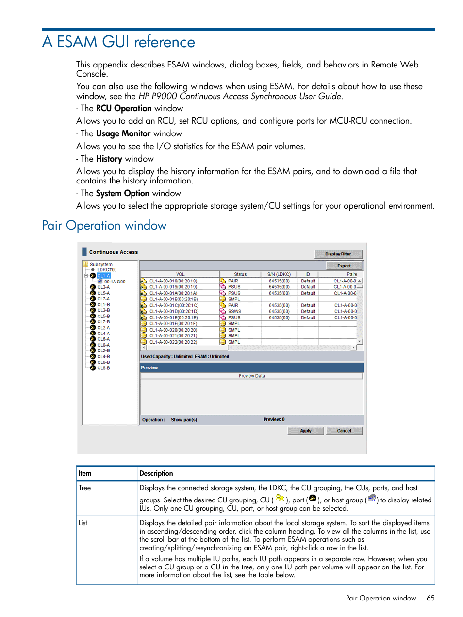 A esam gui reference, Pair operation window | HP XP P9500 Storage User Manual | Page 65 / 81