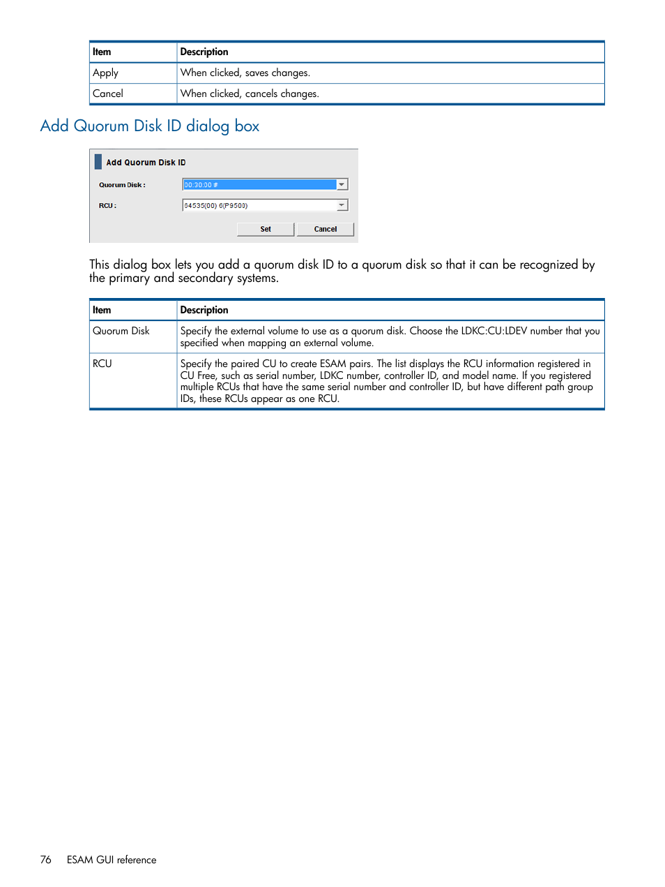 Add quorum disk id dialog box | HP XP P9500 Storage User Manual | Page 76 / 81