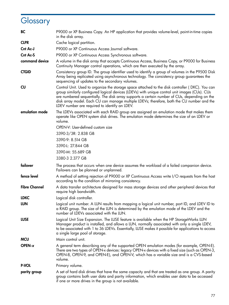 Glossary | HP XP P9500 Storage User Manual | Page 77 / 81