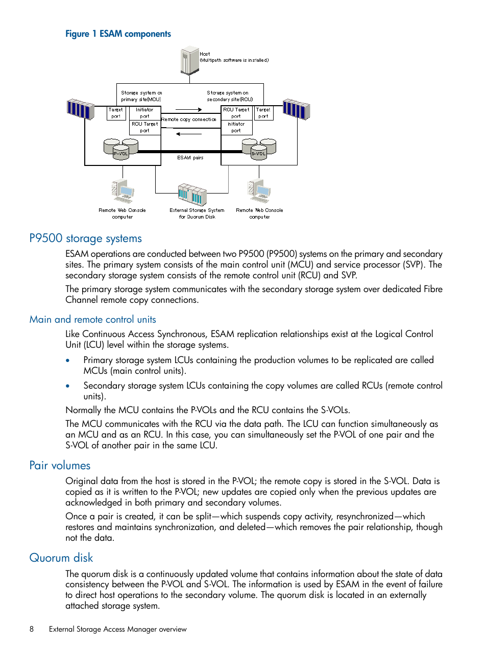 P9500 storage systems, Main and remote control units, Pair volumes | Quorum disk, Pair volumes quorum disk | HP XP P9500 Storage User Manual | Page 8 / 81