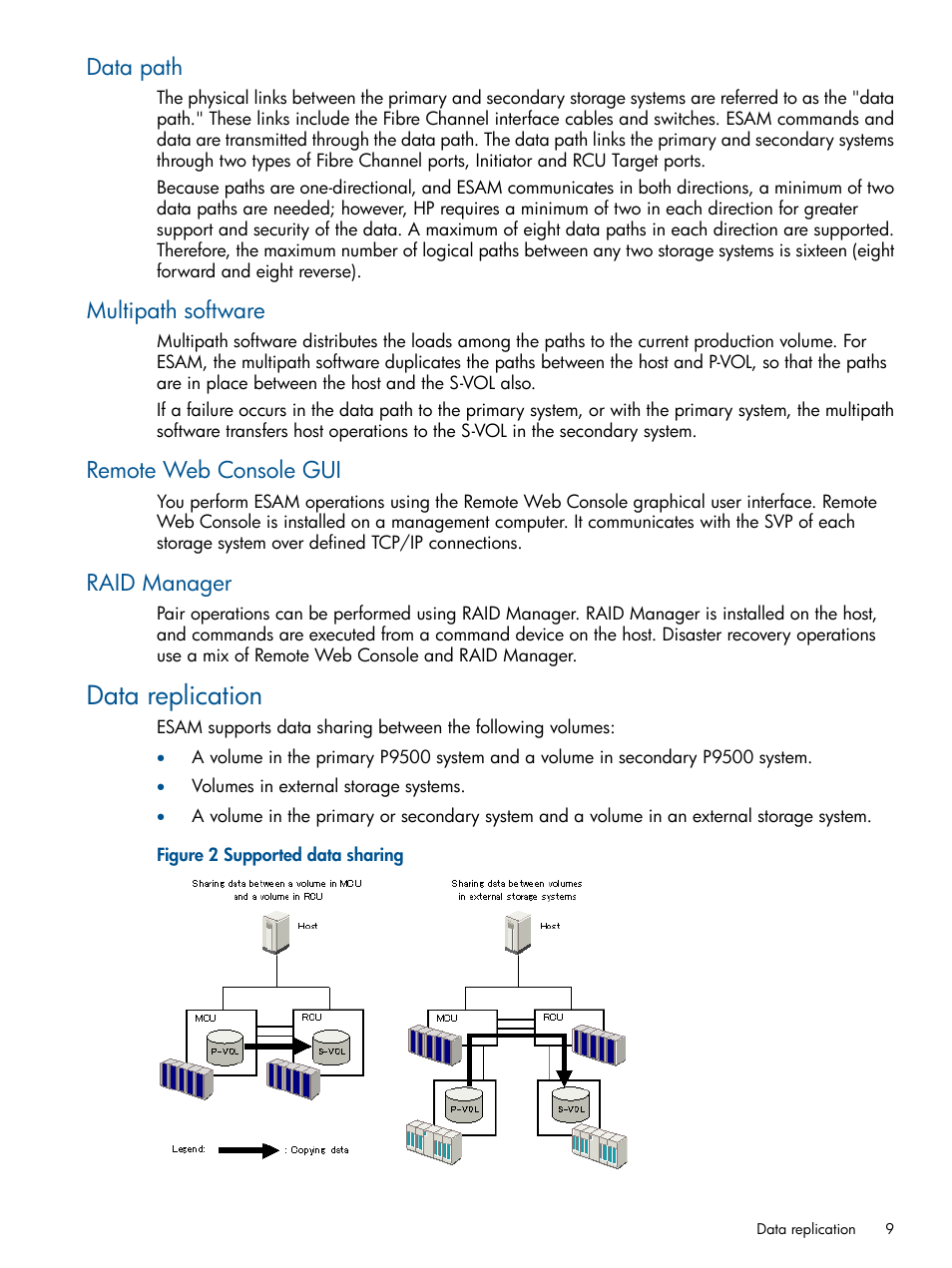 Data path, Multipath software, Remote web console gui | Raid manager, Data replication | HP XP P9500 Storage User Manual | Page 9 / 81