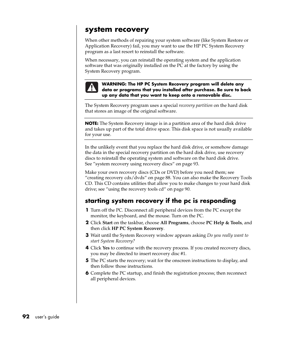 System recovery, Starting system recovery if the pc is responding | HP Pavilion a387x Desktop PC User Manual | Page 100 / 158