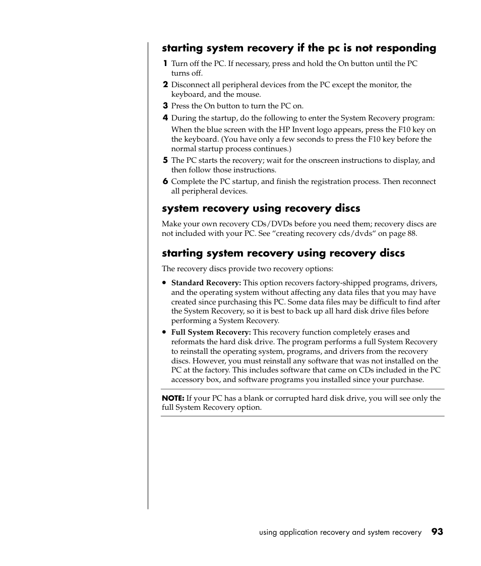 System recovery using recovery discs, Starting system recovery using recovery discs | HP Pavilion a387x Desktop PC User Manual | Page 101 / 158