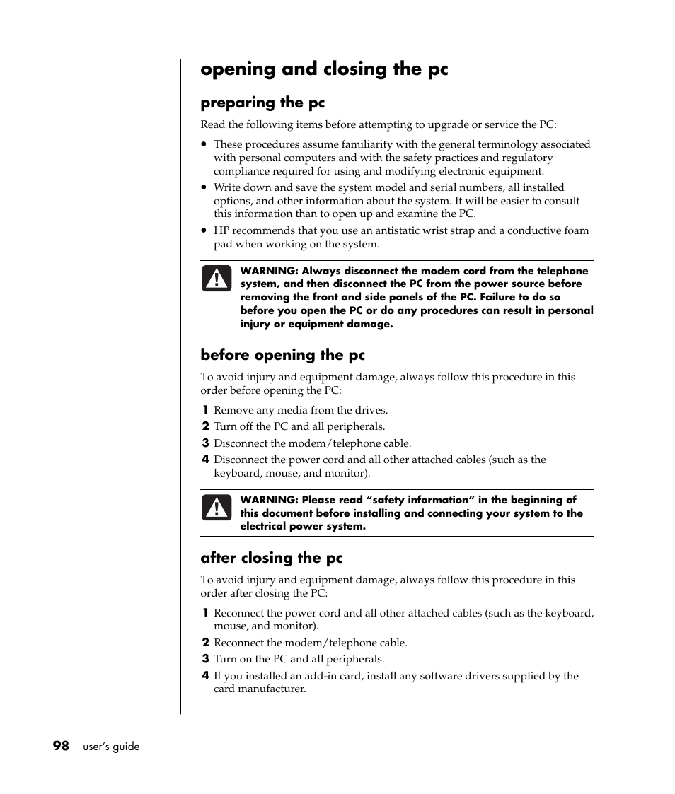 Opening and closing the pc, Preparing the pc, Before opening the pc | After closing the pc | HP Pavilion a387x Desktop PC User Manual | Page 106 / 158