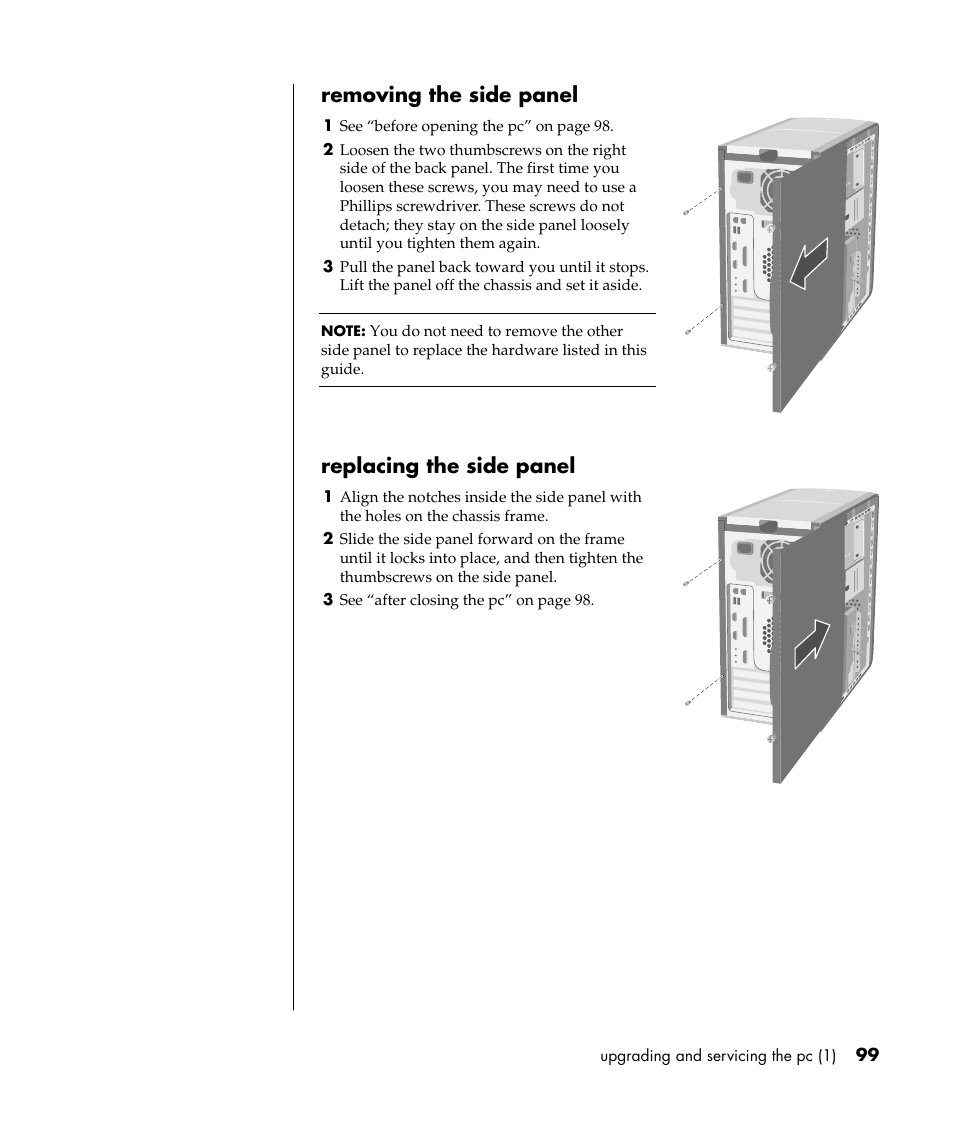 Removing the side panel, Replacing the side panel | HP Pavilion a387x Desktop PC User Manual | Page 107 / 158