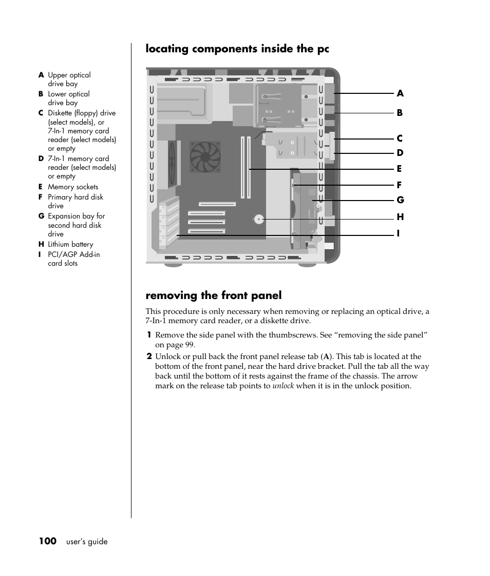 Locating components inside the pc, Removing the front panel | HP Pavilion a387x Desktop PC User Manual | Page 108 / 158